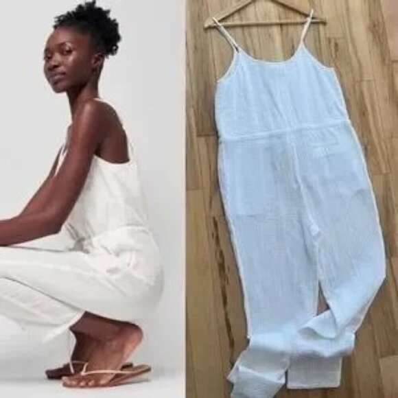 Faherty Leila Jumpsuit Sz Medium White All Organic Cotton Pockets Adj Straps NEW - Picture 3 of 16